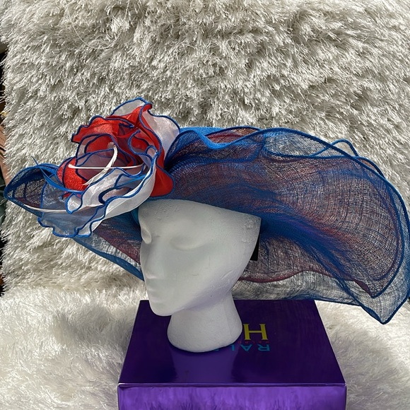 Kentucky Derby Side Flip 7" Brim Sinamay Layered Feather Hat USA Flag Patriotic - Picture 7 of 16